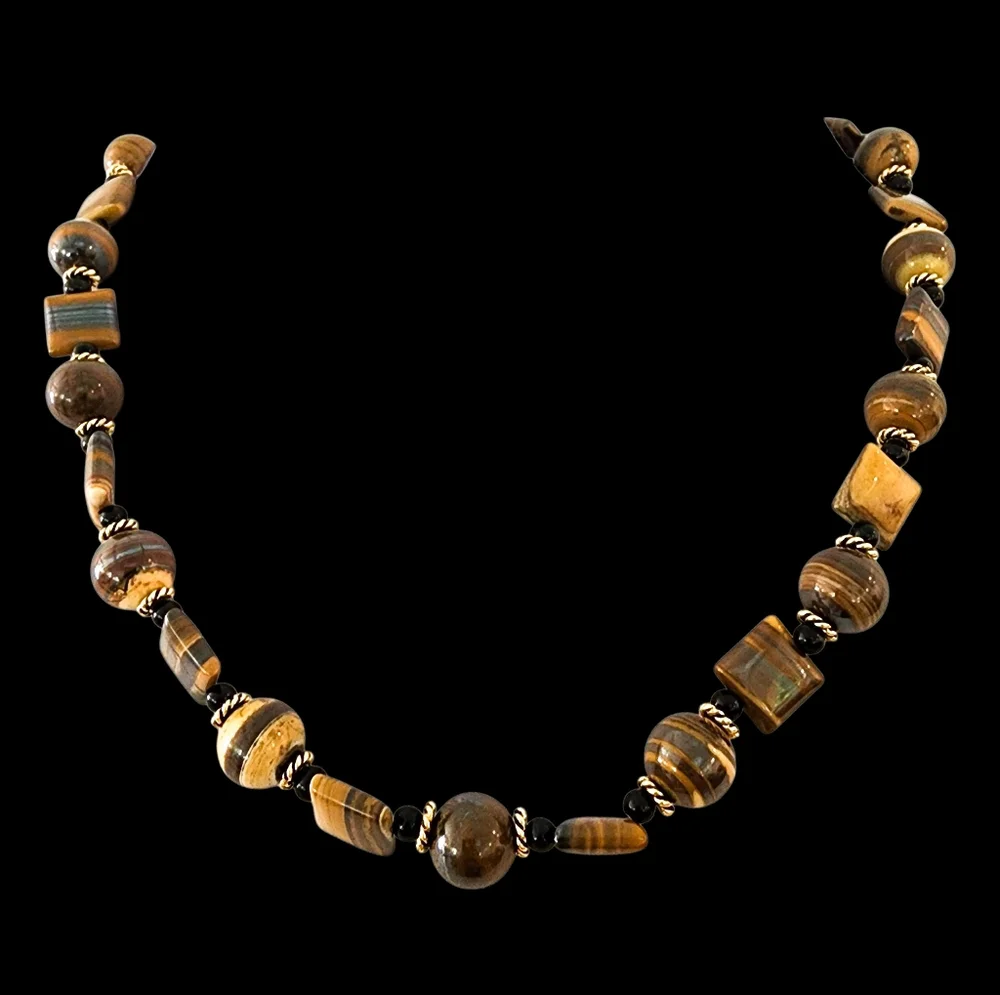 Cat's eye gemstones necklace 14k GP CZ flower clasp gold tigers eye L509 -Q5